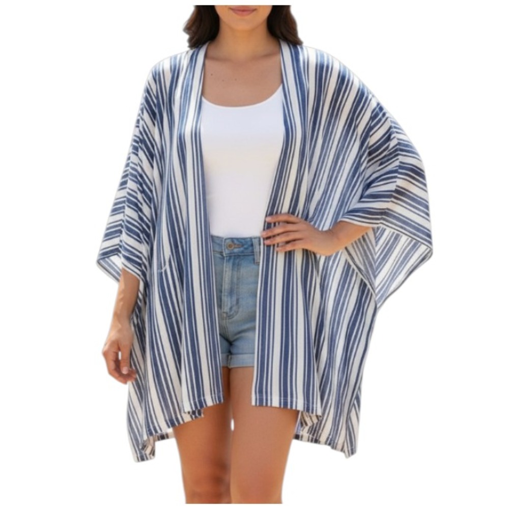 STEVE MADDEN Navy/White Stripe OPEN KIMONO TOP CARDY JACKET Beach Cover-Up O/S